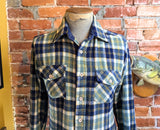 1970s Men's Kingsport 100% Acrylic Blue, White & Yellow Plaid Flannel Shirt Vintage Long Sleeve Shirt - Size MEDIUM