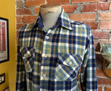 1970s Men's Kingsport 100% Acrylic Blue, White & Yellow Plaid Flannel Shirt Vintage Long Sleeve Shirt - Size MEDIUM
