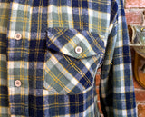 1970s Men's Kingsport 100% Acrylic Blue, White & Yellow Plaid Flannel Shirt Vintage Long Sleeve Shirt - Size MEDIUM