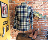 1970s Men's Kingsport 100% Acrylic Blue, White & Yellow Plaid Flannel Shirt Vintage Long Sleeve Shirt - Size MEDIUM