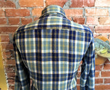 1970s Men's Kingsport 100% Acrylic Blue, White & Yellow Plaid Flannel Shirt Vintage Long Sleeve Shirt - Size MEDIUM