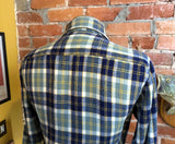 1970s Men's Kingsport 100% Acrylic Blue, White & Yellow Plaid Flannel Shirt Vintage Long Sleeve Shirt - Size MEDIUM