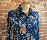 1970s Men's Disco Era Floral Knit Acetate & Nylon Long Sleeve Button Up Shirt with blue and brown roses and lattice designs - Size MEDIUM