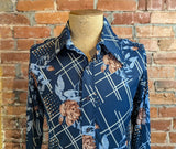 1970s Men's Disco Era Floral Knit Acetate & Nylon Long Sleeve Button Up Shirt with blue and brown roses and lattice designs - Size MEDIUM
