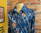 1970s Men's Disco Era Floral Knit Acetate & Nylon Long Sleeve Button Up Shirt with blue and brown roses and lattice designs - Size MEDIUM