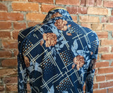 1970s Men's Disco Era Floral Knit Acetate & Nylon Long Sleeve Button Up Shirt with blue and brown roses and lattice designs - Size MEDIUM