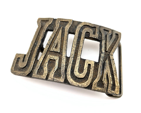 1970s JACK Belt Buckle Antiqued Brass Large Cast Metal Vintage Men's Western Style Belt Buckle with name "Jack" by The CHAD Mfg. Corp Denver