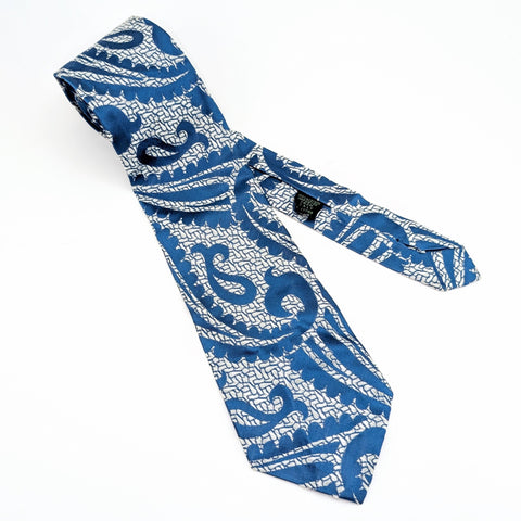 1960s Mod Blue & Silver Paisley Vintage Shiny Bold Woven Men's Necktie of 100% Acetate Imported from Italy.