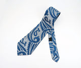 1960s Mod Blue & Silver Paisley Vintage Shiny Bold Woven Men's Necktie of 100% Acetate Imported from Italy.