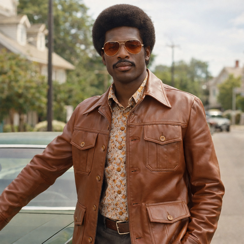 1970s Men's Vegan Leather Coat Disco Era Nutmeg Brown Vintage Vinyl or Pleather Car Coat from Macy's Men's Store - Size MEDIUM