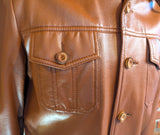 1970s Men's Vegan Leather Coat Disco Era Nutmeg Brown Vintage Vinyl or Pleather Car Coat from Macy's Men's Store - Size MEDIUM