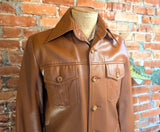 1970s Men's Vegan Leather Coat Disco Era Nutmeg Brown Vintage Vinyl or Pleather Car Coat from Macy's Men's Store - Size MEDIUM