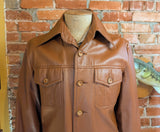 1970s Men's Vegan Leather Coat Disco Era Nutmeg Brown Vintage Vinyl or Pleather Car Coat from Macy's Men's Store - Size MEDIUM