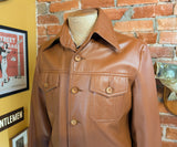1970s Men's Vegan Leather Coat Disco Era Nutmeg Brown Vintage Vinyl or Pleather Car Coat from Macy's Men's Store - Size MEDIUM