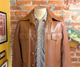 1970s Men's Vegan Leather Coat Disco Era Nutmeg Brown Vintage Vinyl or Pleather Car Coat from Macy's Men's Store - Size MEDIUM