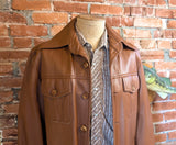 1970s Men's Vegan Leather Coat Disco Era Nutmeg Brown Vintage Vinyl or Pleather Car Coat from Macy's Men's Store - Size MEDIUM