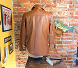1970s Men's Vegan Leather Coat Disco Era Nutmeg Brown Vintage Vinyl or Pleather Car Coat from Macy's Men's Store - Size MEDIUM
