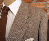 1970s-80s Wool Tweed Herringbone Blazer Vintage Men's Brown & Beige Wool Suit Jacket / Sport Coat from The Men's Store - Size 46 (XL)