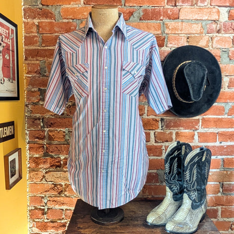 1980s Vintage ELY Cattleman Striped Western Shirt Men's Cowboy Style Pearl Snap Short Sleeve Shirt by ELY Cattleman Tall Man - Size XL Tall