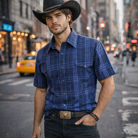 1980s Vintage Flying R Ranchwear Purple Plaid Western Shirt Men's Cowboy Style Short Sleeve Pearl Snap Shirt by Ruddock Mfg. Co. - Size XL