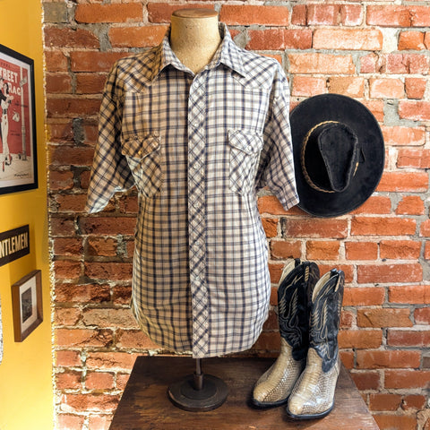 1990s Vintage WRANGLER Western Shirt Men's Cowboy Style Biege & Blue Plaid Short Sleeve Pearl Snap Shirt - Size XXL