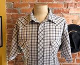 1990s Vintage WRANGLER Western Shirt Men's Cowboy Style Biege & Blue Plaid Short Sleeve Pearl Snap Shirt - Size XXL