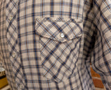 1990s Vintage WRANGLER Western Shirt Men's Cowboy Style Biege & Blue Plaid Short Sleeve Pearl Snap Shirt - Size XXL