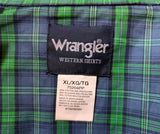 1990s Vintage WRANGLER Plaid Western Shirt Men's Blue & Green Cowboy Style Long Sleeve Pearl Snap Shirt - Size XL