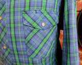 1990s Vintage WRANGLER Plaid Western Shirt Men's Blue & Green Cowboy Style Long Sleeve Pearl Snap Shirt - Size XL