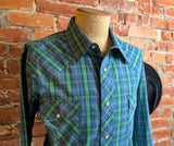 1990s Vintage WRANGLER Plaid Western Shirt Men's Blue & Green Cowboy Style Long Sleeve Pearl Snap Shirt - Size XL