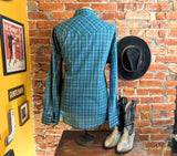 1990s Vintage WRANGLER Plaid Western Shirt Men's Blue & Green Cowboy Style Long Sleeve Pearl Snap Shirt - Size XL