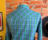 1990s Vintage WRANGLER Plaid Western Shirt Men's Blue & Green Cowboy Style Long Sleeve Pearl Snap Shirt - Size XL