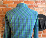1990s Vintage WRANGLER Plaid Western Shirt Men's Blue & Green Cowboy Style Long Sleeve Pearl Snap Shirt - Size XL