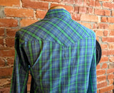 1990s Vintage WRANGLER Plaid Western Shirt Men's Blue & Green Cowboy Style Long Sleeve Pearl Snap Shirt - Size XL