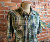 1990s Vintage WRANGLER Western Shirt Men's Cowboy Style Green Plaid Short Sleeve Pearl Snap Shirt - Size XL TALL