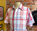 1980s Vintage Flying R Ranchwear Red, White & Blue Plaid Western Shirt Men's Cowboy Style Short Sleeve Pearl Snap Shirt by Ruddock - Size XL