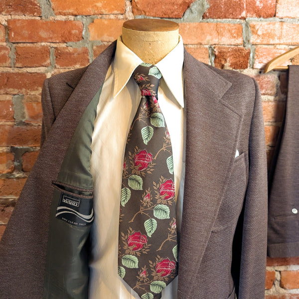 1970s 2 Piece Brown Suit Vintage Men's Polyester Jacket / Sport Coat / Blazer & Pants / Trousers by Montgomery Ward -Size 40 (MEDIUM)