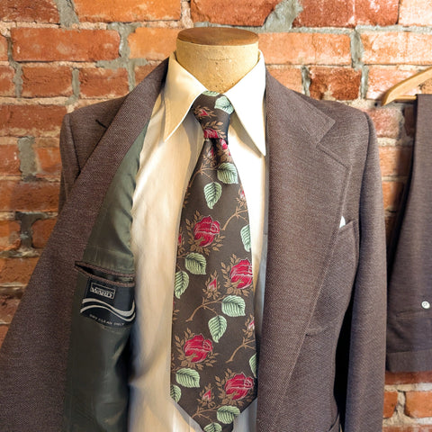 1970s 2 Piece Brown Suit Vintage Men's Polyester Jacket / Sport Coat / Blazer & Pants / Trousers by Montgomery Ward -Size 40 (MEDIUM)