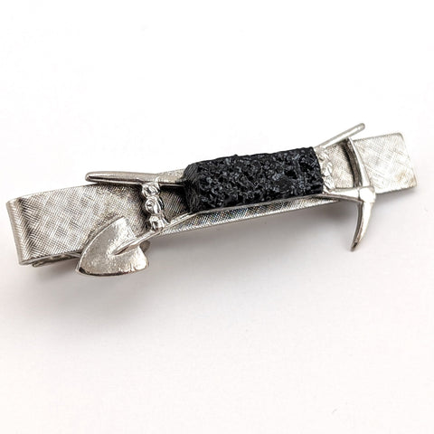 1960s-70s Coal Miner Tie Clip Vintage Men's Silver Tone Metal Novelty Tie Clasp / Tie Bar with Coal Prospector Shovel, Pick & Lump of Coal!