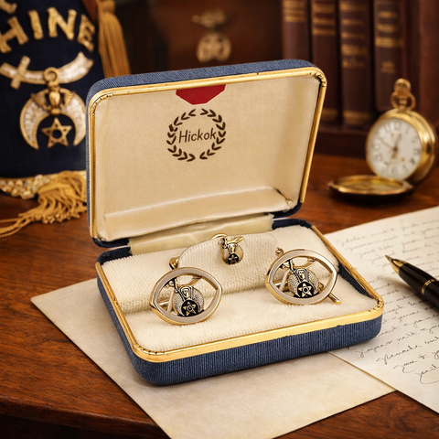 1960s Shriner Cufflinks & Tie Pin Set Gold Tone Metal Men's Vintage Masonry, Masonic Cufflink Set in original presentation box by HICKOK