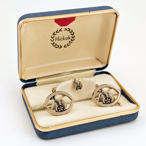 1960s Shriner Cufflinks & Tie Pin Set Gold Tone Metal Men's Vintage Masonry, Masonic Cufflink Set in original presentation box by HICKOK