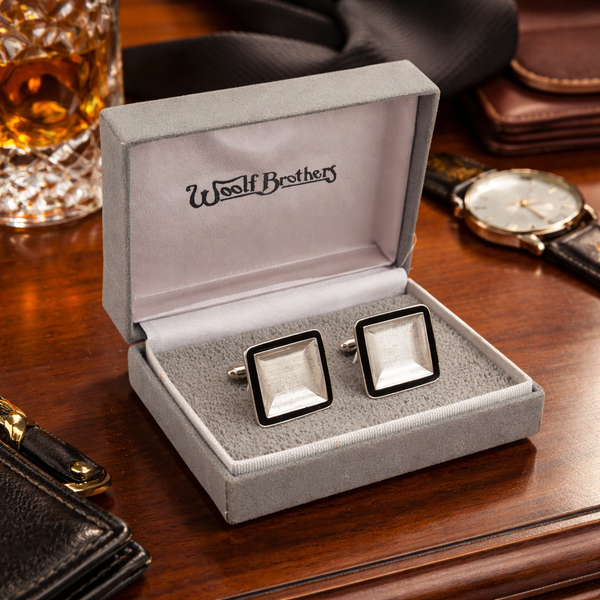 1970s Woolf Brothers Cufflinks Set Large Modernist Mad Men Era Square Silver Tone Metal and Black Enamel Cufflinks in original velvet box