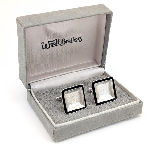 1970s Woolf Brothers Cufflinks Set Large Modernist Mad Men Era Square Silver Tone Metal and Black Enamel Cufflinks in original velvet box