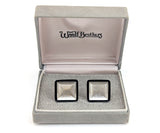 1970s Woolf Brothers Cufflinks Set Large Modernist Mad Men Era Square Silver Tone Metal and Black Enamel Cufflinks in original velvet box