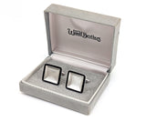 1970s Woolf Brothers Cufflinks Set Large Modernist Mad Men Era Square Silver Tone Metal and Black Enamel Cufflinks in original velvet box