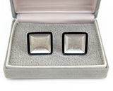 1970s Woolf Brothers Cufflinks Set Large Modernist Mad Men Era Square Silver Tone Metal and Black Enamel Cufflinks in original velvet box