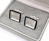 1970s Woolf Brothers Cufflinks Set Large Modernist Mad Men Era Square Silver Tone Metal and Black Enamel Cufflinks in original velvet box