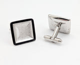 1970s Woolf Brothers Cufflinks Set Large Modernist Mad Men Era Square Silver Tone Metal and Black Enamel Cufflinks in original velvet box