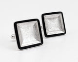 1970s Woolf Brothers Cufflinks Set Large Modernist Mad Men Era Square Silver Tone Metal and Black Enamel Cufflinks in original velvet box