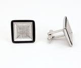 1970s Woolf Brothers Cufflinks Set Large Modernist Mad Men Era Square Silver Tone Metal and Black Enamel Cufflinks in original velvet box